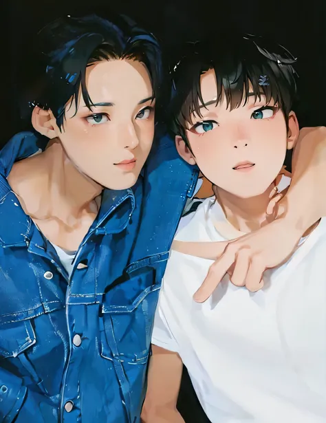 Chibi couple mingyu wear blue jeans jacket and wonwoo wear white tshirt