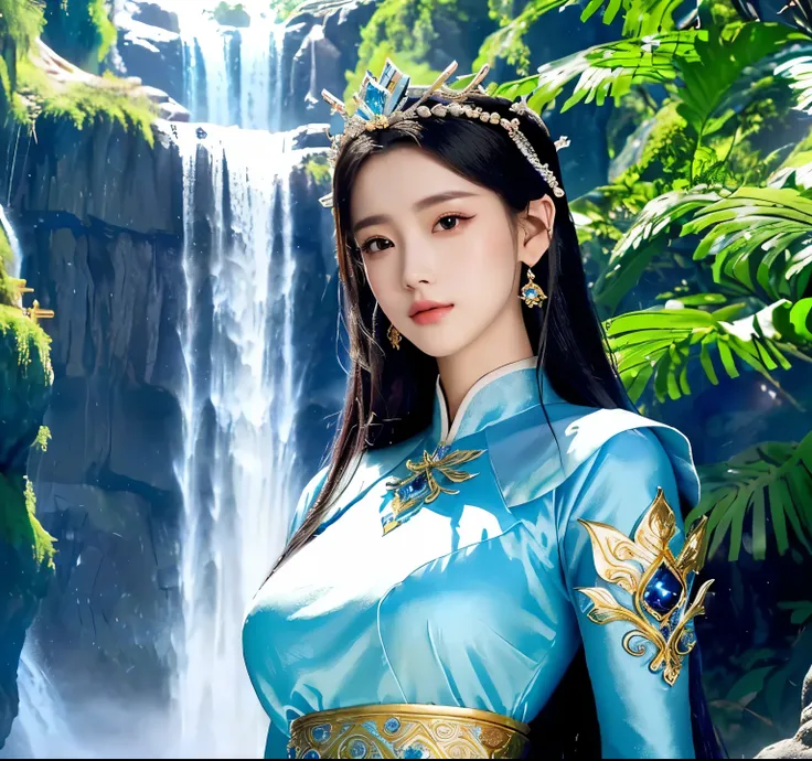 a close up of a woman in a blue dress near a waterfall, a beautiful fantasy empress, aesthetic!!!!!! female genie, full body xianxia, xianxia hero, ((a beautiful fantasy empress)), inspired by Du Qiong, xianxia fantasy, anime girl cosplay, queen of the sea...