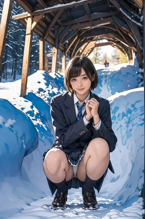 Snow Country Snow Cave ,  girl,  Very Short Bob Hair,  Japanese High School Girl Uniform,  pleated skirt,  droopy eyes :1.5, wonderful,  Masterpiece, At night, A cute little smile,  squats,  looking straight ahead ,  panties:1.5