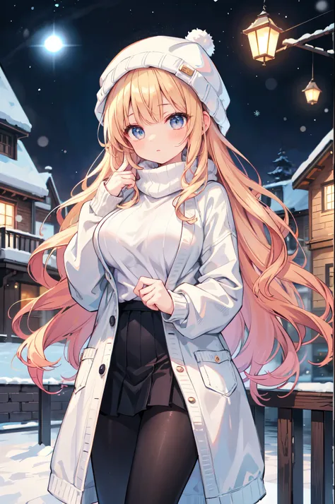 ( high quality)、(( super detailed))、(Ultra delicate)、 petite girl、 Golden curly hair 、Soft and fluffy、White knit hat、 sweater、Big Breasts、 black tights、 White Breath、 cheeks、 superior、Winter Scenery、night