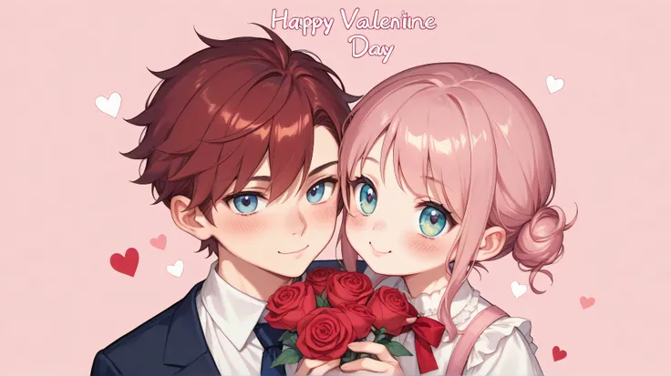 Kawaii anime chibi style Valentine's Day romantic scene with adorable young couple, boy presenting a red rose to blushing girl, soft pastel background, heart-shaped details, "Eu te amo" text in cute handwritten script