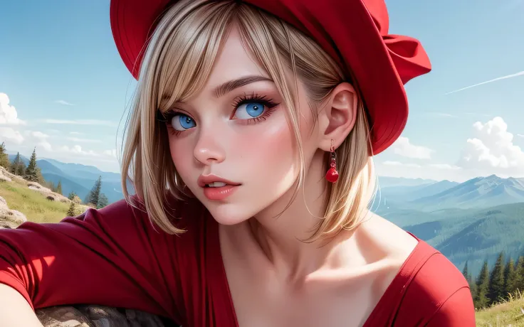 Belarusian woman, blue eyes, short blond straight hair, wearing red dress, sexy posing on the mountain, close view