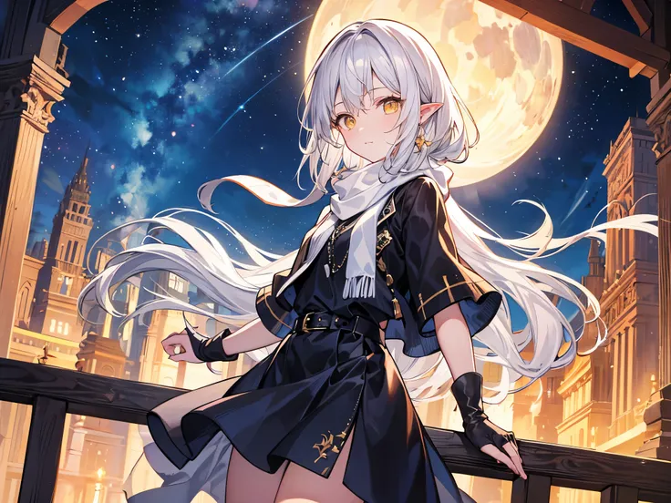 ( accurate, high details, high quality,  masterpiece,  Ultra HD) 1 , alone,  admiring the landscape ,  golden eyes,  long hair,  white hair,  pointy ears ,  wearing a black dress, scarf, night in the desert, ruins, starry night.