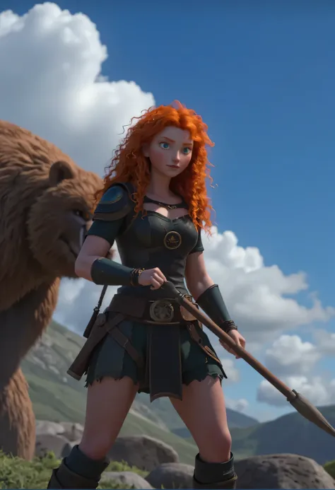 Girl, red hair, black armor,one long spear,Glowing eyes ,curly orange colour long hair，High Ponytail,detail eye,blue sky,in battel,portrait,fight with bear,fix eye,detail eye,