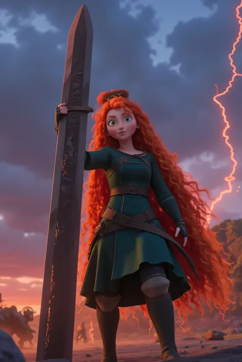 Anime Girl，Pitch-green armour, A two-handed giant sword with a dragon carving is stuck in the ground in front of you，He holds a huge two-handed sword with a dragon carved on it.，whole body，Panoramic lens,The body is surrounded by red lightning and flames,b...