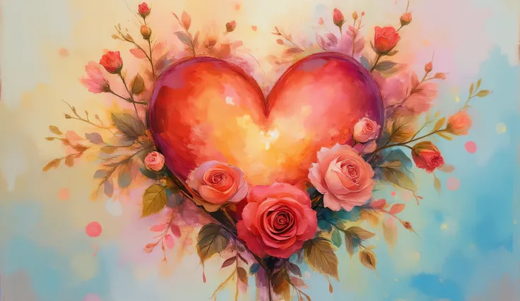 Emotional heart representation featuring delicate roses, Monet-inspired brushwork, intricate ink splash elements, dreamy bokeh light effect, double exposure revealing layered romantic symbolism in soft, glowing tones