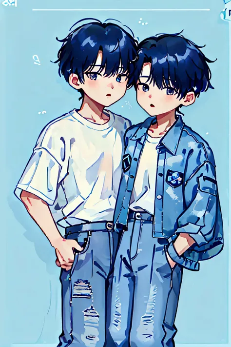 Chibi couple mingyu wear blue jeans jacket and wonwoo wear white tshirt