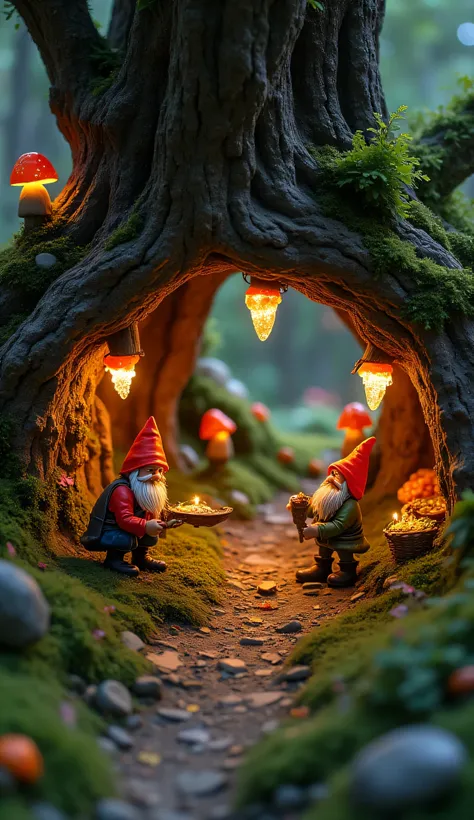 A cozy gnome marketplace in the heart of an ancient, hollowed-out tree. Bioluminescent mushrooms light up the scene as tiny gnomes trade shimmering gemstones and mystical herbs. A golden mist swirls in the air, and the depth of field makes it look like a m...