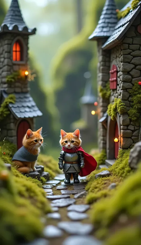 A miniature medieval cat kingdom nestled in a vibrant, mossy valley. The tiny cat knights wear shining silver armor, patrolling cobblestone streets, while mage cats cast glowing spells from their tiny towers. The soft background blur gives the scene a toy-...