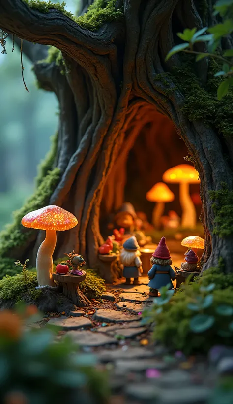 A cozy gnome marketplace in the heart of an ancient, hollowed-out tree. Bioluminescent mushrooms light up the scene as tiny gnomes trade shimmering gemstones and mystical herbs. A golden mist swirls in the air, and the depth of field makes it look like a m...