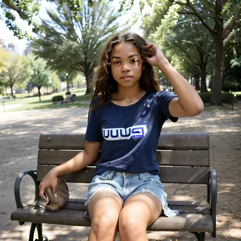  girl (ultra-realistic) 18 year old mulatto sits on a bench in the park , She (photographed on iPhone 16). The bright sun is burning behind the girl, outside for about 12 in the afternoon. The weather outside is clear,  namely  (blue cloudless sky). The gi...