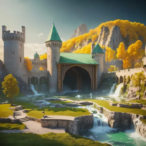 There is a castle with a waterfall and a bridge in the background,  beautiful representation of a fairytale , stuning  fantasy 3d render , matte painting in  fantasy style ,  fantasy 3d render ,  realistic fantasy rendering, fantasy castle, medieval fantas...