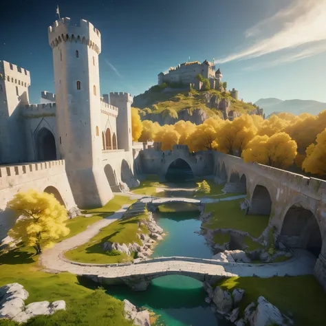 There is a castle with a moat and a bridge in the middle,  beautiful representation of a fairytale , stuning  fantasy 3d render , ( render matrix of octane)  fantasy style ,  fantasy style  8 k  render matrix of octane, matte painting in  fantasy style ,  ...