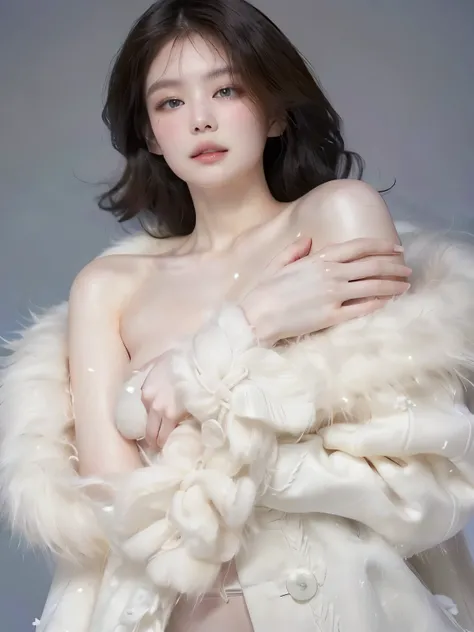 A woman in a white fur coat posing for a photo.,  snow-white skin , WHITE PORCELAIN SKIN, soft  pale white skin , pale porcelain skin,  pale white skin , fur covering his chest, pale and beautiful skin, pale skin - white, fair and clear skin!!,   pale milk...