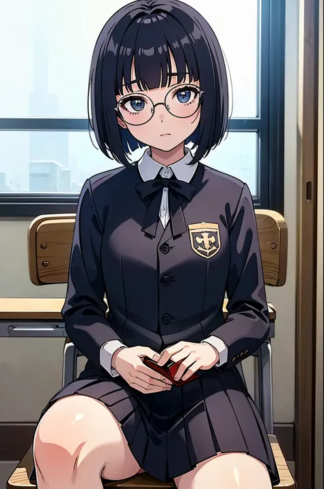 inside classroom, anime style, 8k, masterpiece, ultra high res, 1 girl, break from side, wearing school uniform, round glasses, glasses with most thick black frames, blunt bangs bob hair, moon face, sitting school chair, leading book,