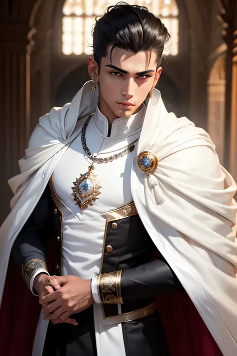 beautiful 18 years old brown boy, slick back hair, short hair, black hair, diamond crown, diamond rings, white cape, medieval royal attire (white), diamond chest plate