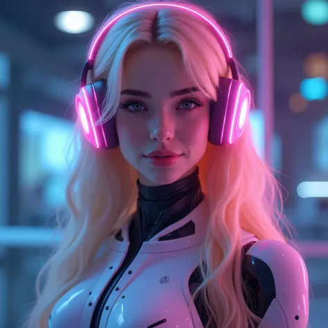 realistic woman age 24, female humanoid robot, she is beautiful blonde with long hair, friendly face and smiling, looking at the camera, realistic photography, modern beauty 2024, she has headphones pink cyan purple glowing, highly detailed, picture taken ...