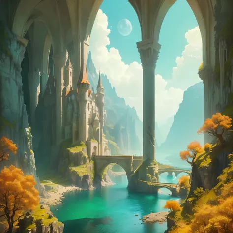 There's a castle in the middle of a mountain with a bridge,  Impressive fantastic landscape , fantasy matte painting，,  beautiful representation of a fairytale ,  fantasy landscape , fantasy castle, fantasy scene,  magical landscape , Beautiful castle, det...