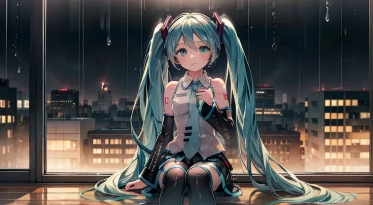 ((( Hatsune Miku)))、You are sitting in a cozy cafe in a rainy city, Watching the raindrops dripping on the window、Listen to the soothing sound of rain。. Sudden, You notice a stranger sitting next to you, As the superficial atmosphere becomes even stronger、...