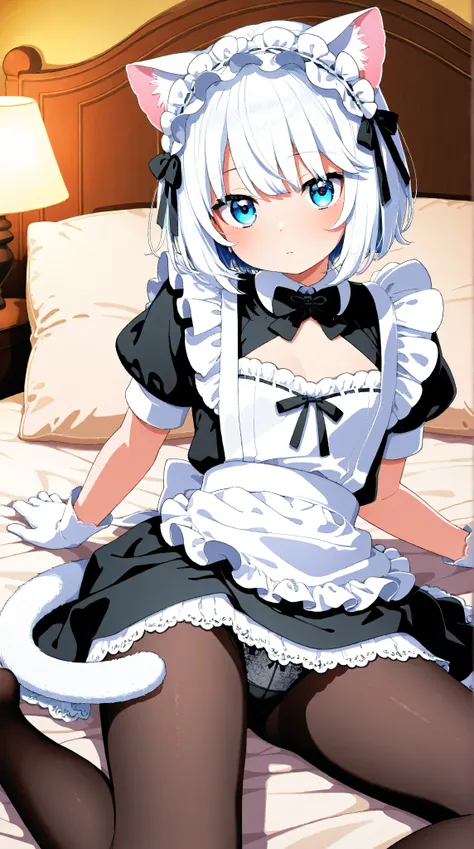 " VTuber kawaii cat girl in maid costume with a somewhat daring design.  Here is the description of the outfit :
 Slim black dress with white apron :  The dress is short and tight ,  highlighting the figure .  } It has short sleeves with ruffles and a plun...