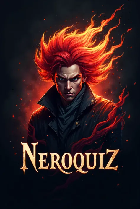 Create a written NeroQuiz logo with a role-playing character with fiery red hair