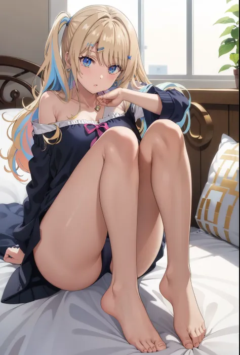 ( masterpiece,  highest quality), Shirakawa Runa, 1 Girl, Barefoot， toe blue manicure，blond,  multi-colored hair ,  bangs,  face up ,  long hair,  blue eyes , Hairpin, Jewelry, earrings,  Medium chest , promote, Rift, clavicle, Women's underwear , black Wo...