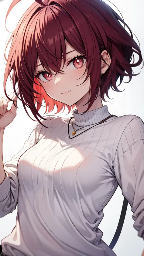 [[[ ultra-detailed, best quality, soft skin, beautiful face, masterpiece, close-up, modern setting, anime]]], short hair, black hair, red hair ends, ahoge, red eyes, white pupils, casual outfit, smug, slender body, medium breasts, dynamic angle. [[[mature ...