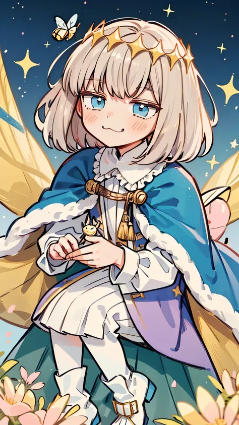 1 boy, oberon from fate/grand order, chibi, kawaii, adorable, closed mouth smiling, :3 face, smug, kawaii cloak, fluffy clothes, fluffy boots, golden tiara, stars, flowers, bees, moths,short hair, pinkish gradient hair, soft colors, light colors, glitter, ...