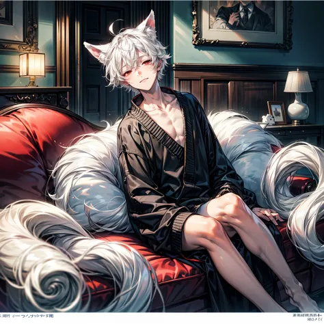 (Masterpiece, best quality, 8k, sharp), 1boy, solo, ((white hair)), fluffy hair, (white fox ears that match hair color, three white fox tails that match hair color, feminine but distinctly male), flat chest, japanese, pale skin, (wearing wool sweater), pal...