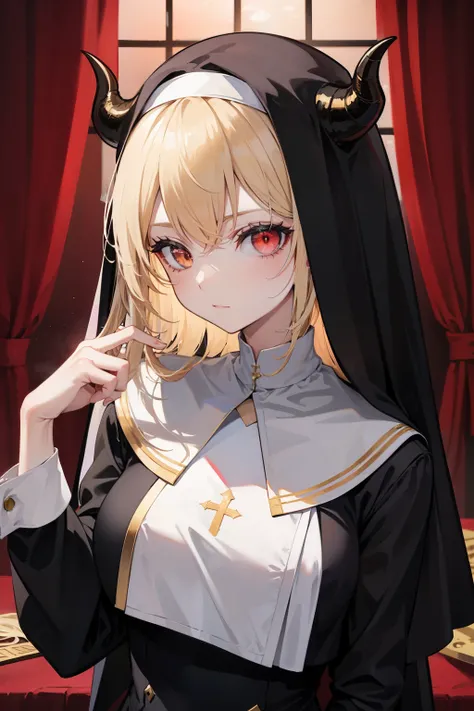 A demon girl with long golden hair, evil eyes, devil horns, devil tail, and wearing a nun's uniform.