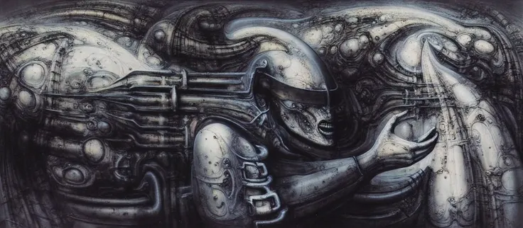 DARK BLACK COLORS, Giger_style, H. R. Giger's g1g3r, , Giger_style, The image is a detailed view of H.R. Giger's \" HRG Aleph \" plate, featuring ( The image depicts intricate, organic-like mechanical structures with a dark, metallic appearance, resembling...