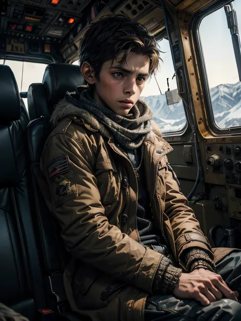 A small boy, mutant, frightened lop-sided look, skinny withered arm, stunted, deformed, pinched looking face, dressed in scruffy winter clothes, ripped coat, keffiyeh, sitting in the back of a military transport helicopter with other mutants 