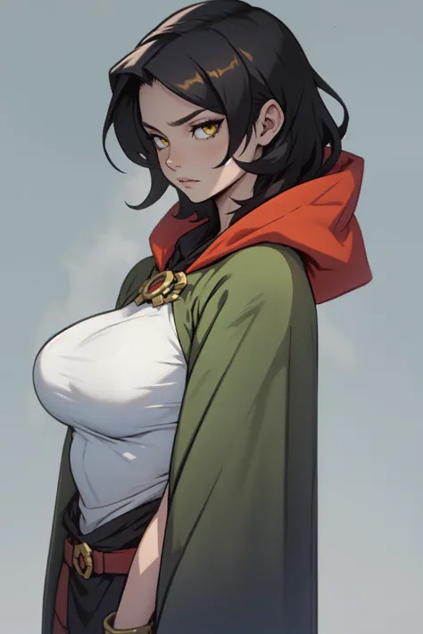 ((dark cloak)) solo girl black hair yellow eyes pale skin muscles breasts empty eyes 