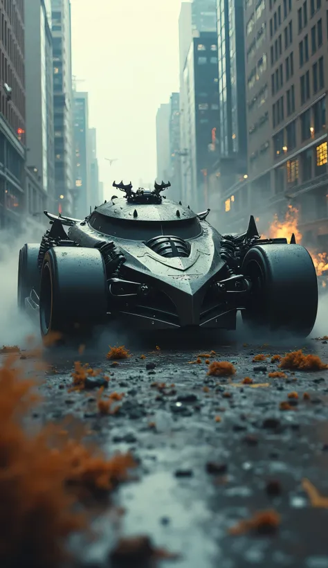 car, Monstrous type of Batman, destruction accessories, therefore,  at high speed, destroying another vehicle 