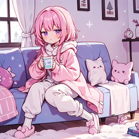 1 girl, solo, sugar pink hair, fluffy hair, cute , purple eyes, looking at viewer, sitting on a couch, snowing outside, window, snowing scenery window, holding hot chocolate, steaming hot drink, fluffy clothes, sweather, (pants), socks, (cute slippers), co...