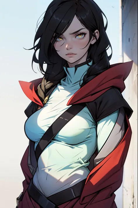 ((dark cloak)) solo girl black hair yellow eyes pale skin muscles breasts empty eyes 