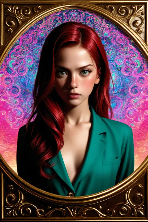 beautiful, redhead, annoyed, long hair, side part hairstyle, dark green eyes, freckles, pink leather, small breasts, cleavage, magical, mystical, psychedelic, fantasy, ethereal, gold border, graphic novel, line drawing, traditional, vintage, elegant, chic,...