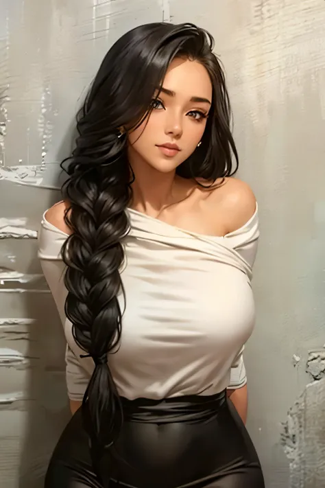 Sexy and cute woman, black braided hair, intense soft gaze, seductive smile, lustful look, simple outfit, pinned against a wall, hugging tight, bedroom, sexy, seductive