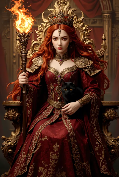 A very beautiful red-haired medieval Queen sits on a golden carved throne with a burning staff in her hand. A fluffy black cat sits on her lap. Medieval fantasy