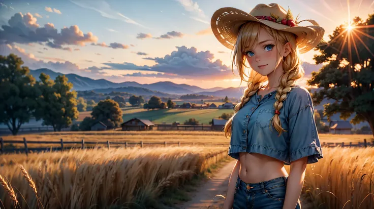 A strawberry blonde with braided hair, light freckles, and sun-kissed skin sits on a wooden fence in a sunlit field, her legs crossed playfully. She wears a knotted plaid crop top that reveals a toned midriff, tight blue denim shorts, and no shoes. Her war...