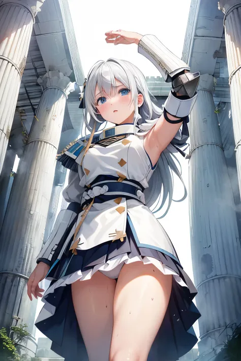  high resolution,  top quality,   ultra quality ,  super detailed,  cinematic lighting from above、The White Haired Lady Knight 、armor、Wearing sweat、 sweaty、 miniskirt、 white panties、(Futomo 1:2)、(Picture 1 from below:1)、 Ancient Ruins、