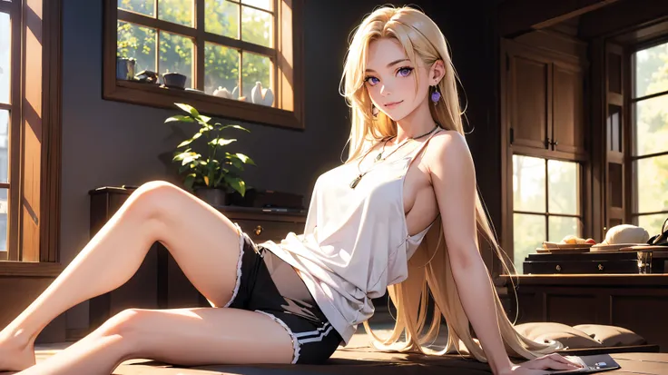 Best quality, masterpiece, ultra high res, (photorealistic:1.4), raw photo, 1girl, ager, light blonde hair, long hair, purple eyes, smiling, earrings, necklace, sitting in bay window, white cashmere cutoff shirt showing her toned body, black workout shorts