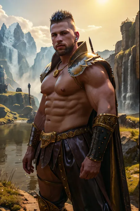 fantasy warrior, white mohawk, beard, diamond earrings, huge breasts, swollen nipples, golden armor, highly detailed, photorealistic, 8K, HDR,