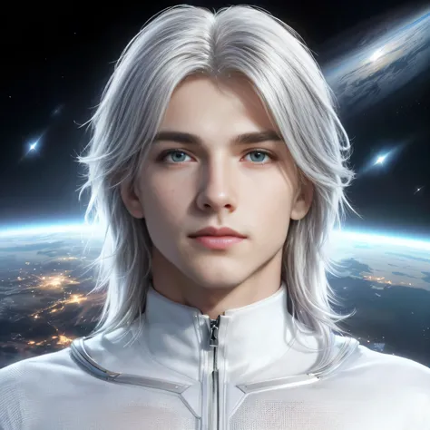 a close up of a person with a white hair and green eyes, xqc, male with halo, fantasy male portrait, avatar image, inspired by Adam Dario Keel, portrait of an ai astronaut, white hair floating in air, beautiful androgynous prince, handsome stunning realist...