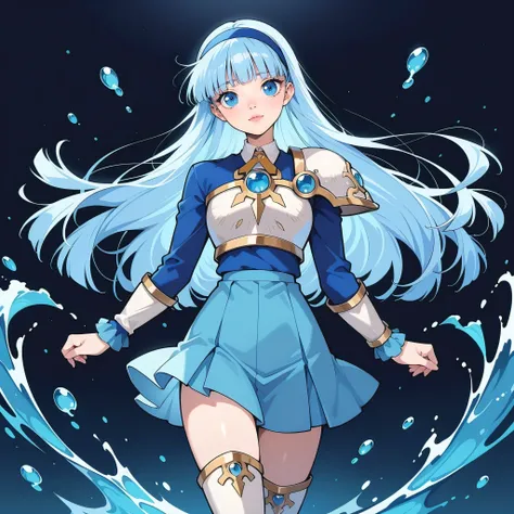 masterpiece, best quality, high quality, anime, solo, ((full body))
AEUmiKnight, blue eyes, blue hair, blunt bangs, long hair, blue hairband, big breasts
white breastplate, single shoulder pad, shoulder armor, blue skirt, thigh armor, white footwear, whi...
