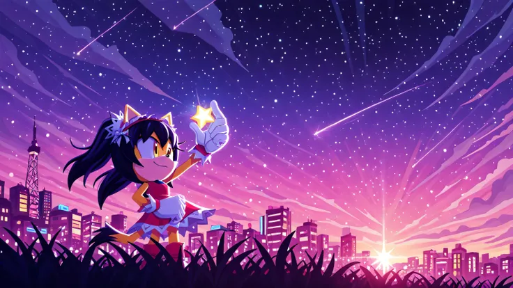  sonic channel (style), honey eyes, red dress, red hairband, yellow fur, cat tail, sonic (series), alone, 1 girl only, black hair, twintails, frilly hairbands, gazing up at the starry sky. Her hair flows beautifully in the wind, adding a sense of movement ...