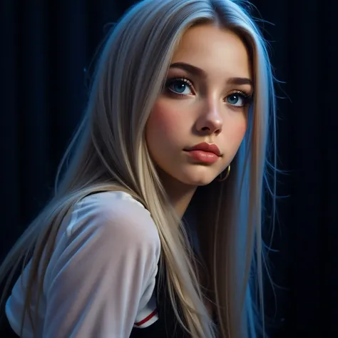 (masterpiece), full body, expressive eyes, perfect face, (harsh backlight:1.2), (1 girl:1.5), white hair, (long hair:1.5), grey light eyes, make-up, looking at viewer, (Rim light:1.5), dark background, light blue tones