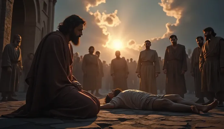 Creating an image with realistic people of Apostle Paul looking at a man (Eutychus) that lay down dead and resurrects him. Scene is happening outside the building Eutychus fell from second floor at night. Cinematic clouds and a light comes between clouds t...