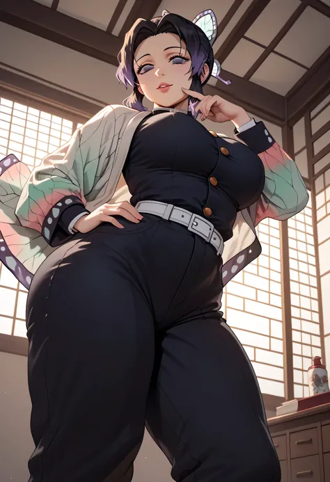 Shinobu Kocho,  Japanese room, huge ass,  big breasts, demon hunter uniform, loose pants,  black pants,  tight clothing,  Reflective ,Finger on his chin  , below, good quality ,Good detail,( masterpiece),  work of art,  good resolution,  good lighting  ,  ...