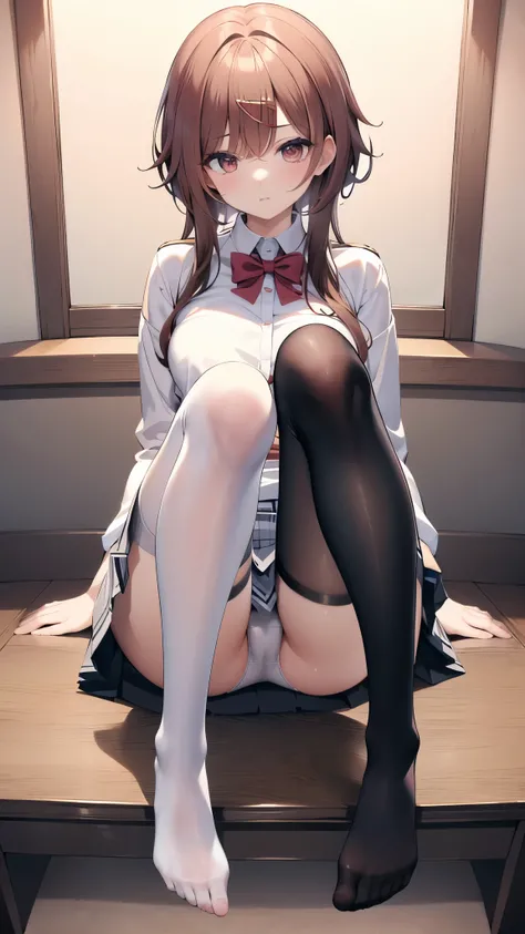  top quality,  Masterpiece,  high resolution, ( head to toe full body), Front , Front やや下からの構図, Symmetric, Tall 18 year old girl,  alone, ( head to toe), ( small breasts), Messy brown hair, bangs, (black tights), ( black pantyhose ), ( sit with legs crosse...